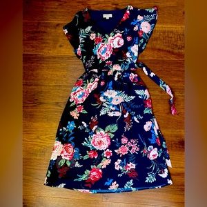 Loft. V-neck, A-line dress. Size S. Navy blue, floral print.